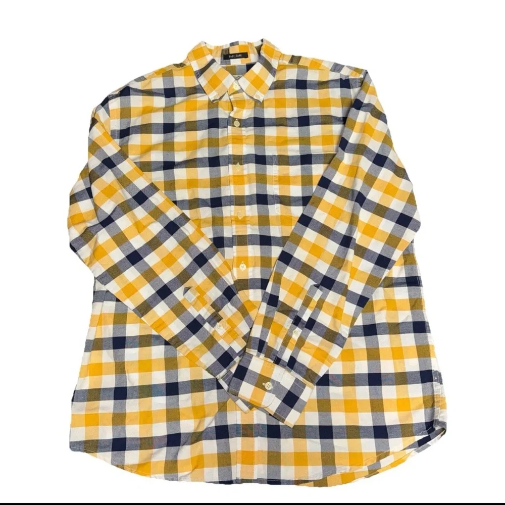 ST. JOHN'S BAY Mens Easy Care Shirt L Navy Yellow Plaid Long Sleeve Cotton Blend